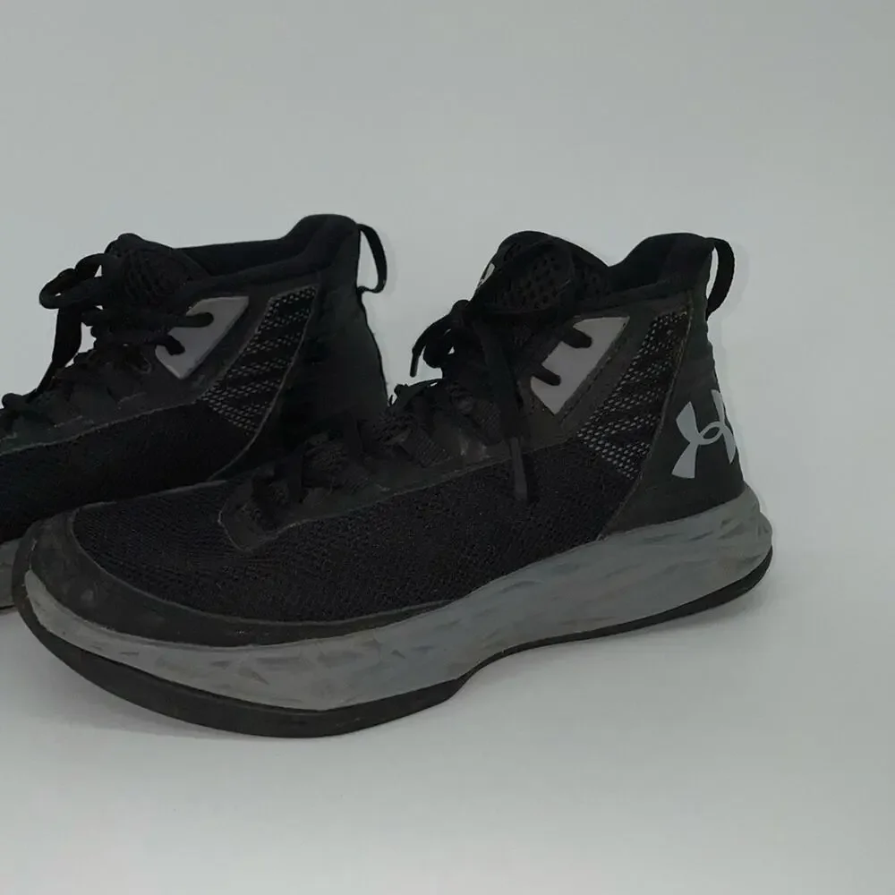 Under Armour‎ High Top Sneaker Black Grey Youth 5 Lace Up Basketball Shoe